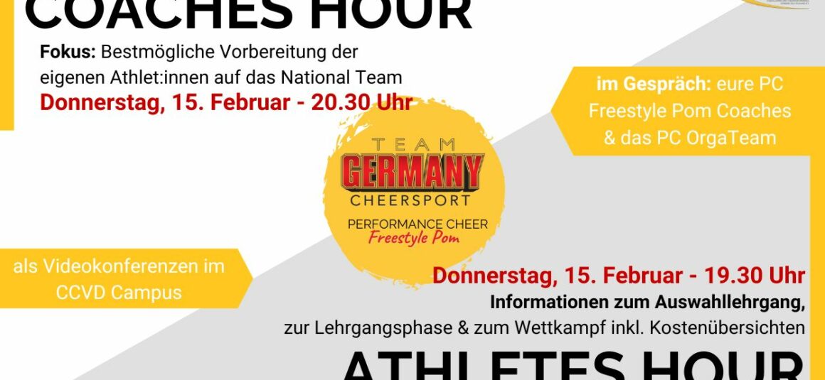 TEAM GERMANY Performance Cheer Freestyle Pom – Einladung zur Athletes & Coaches Hour TEAM GERMANY Performance Cheer Freestyle Pom – Einladung zur Athletes & Coaches Hour